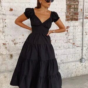 Danielle Bernstein Puff Sleeve Smocked Maxi Dress Black